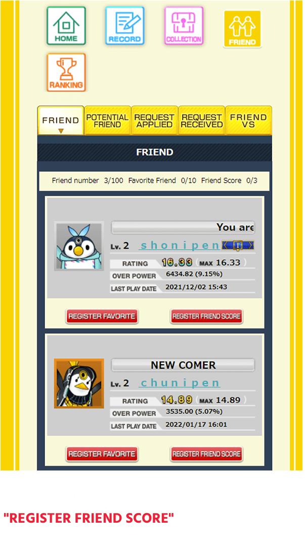 On the CHUNITHM-NET’s FRIEND screen, press the
                  "REGISTER FRIEND SCORE" button of the friend
                  you are interested in ......!
